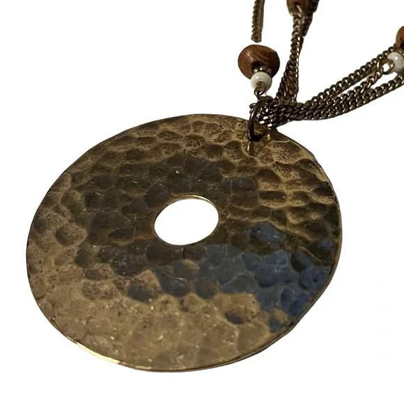 Gold Donut Indented Metal Pendant Wood + White Bead Necklace - Picture 3 of 3